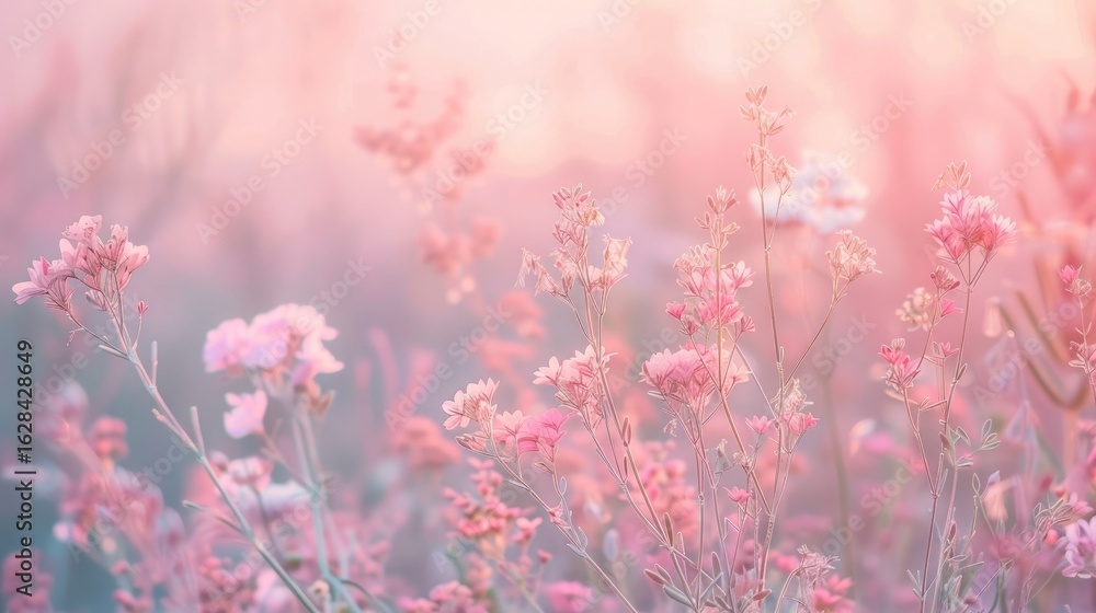 Obraz premium Soft-focus image of a field of delicate pink wildflowers bathed in warm, golden sunset light, creating a dreamy, romantic atmosphere