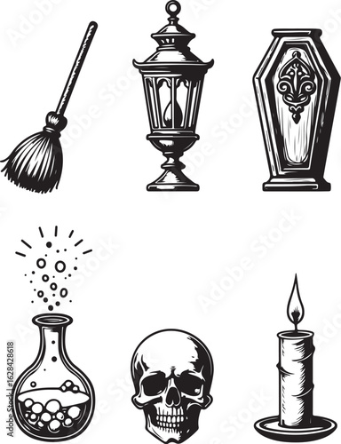 Spooky Halloween icons: broom, lantern, coffin, potion, skull, candle