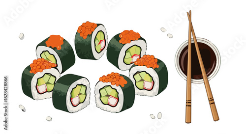 delicious california sushi rolls with soy sauce and chopsticks