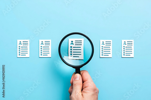 Hand holding magnifying glass over job applications on blue background human resources concept search for talent and qualified candidates