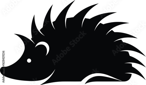 Black hedgehog silhouette on a white plain background, cute animal