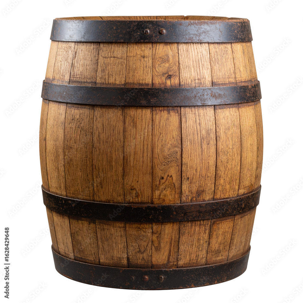 Fototapeta premium Old wooden barrel isolated on white and transparent background.