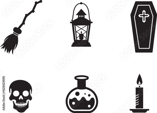 Spooky Halloween icons: broom, lantern, coffin, skull, potion, candle