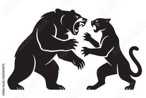 Grizzly Bear versus Panther Fighting Silhouette