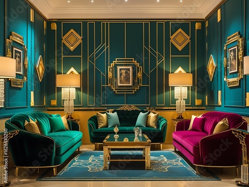 Luxurious art deco living room with velvet sofas and emerald walls