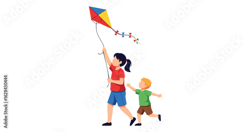 siblings enjoying a sunny day flying a colorful kite