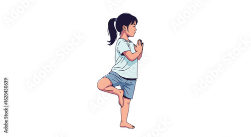 young girl practicing tree pose yoga mindfulness and inner peace