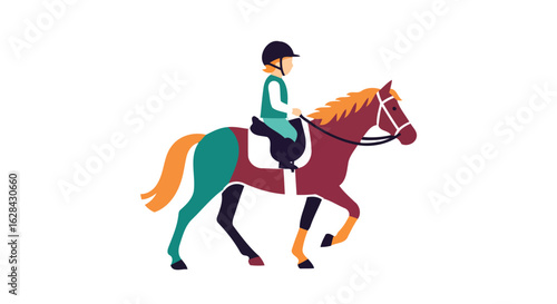 young equestrian riding a brown horse dynamic illustration