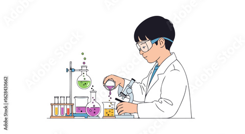 young scientist conducting experiment colorful chemistry illustration