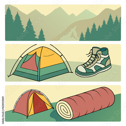 Camping gear illustration showing tents hiking boot and sleeping bag with mountain and tree background