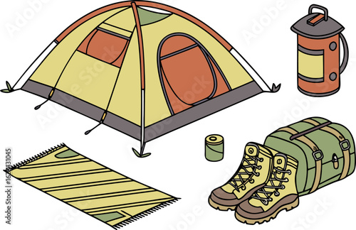 Illustration of camping gear including a tent, boots, rug, lantern, and a duffel bag arranged together