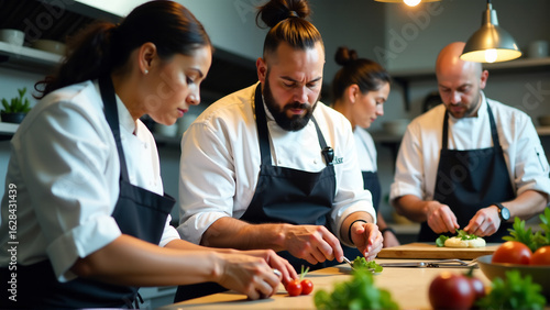 A group of chefs from different cultural backgrounds working together in a kitchen, highlighting the diversity of the culinary world.