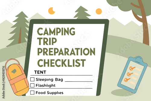 Illustration of a camping trip preparation checklist with tent, sleeping bag, flashlight and food supplies