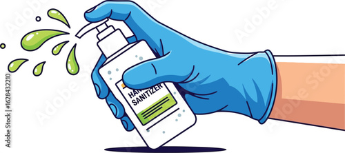 Hand Sanitizer Being Dispensed by a Hand Wearing a Blue Glove