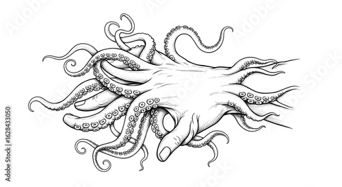 A surreal black and white illustration of a human hand transforming into octopus tentacles. A monstrous hybrid creature concept.