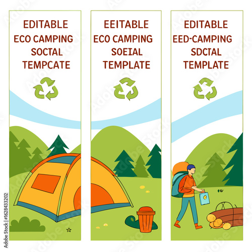 Three eco camping social media templates featuring tents, hiker, recycle symbol and nature scenes