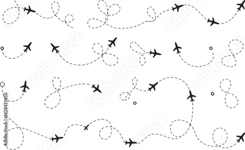 airplane flight path vector with dotted trail travel route pattern design