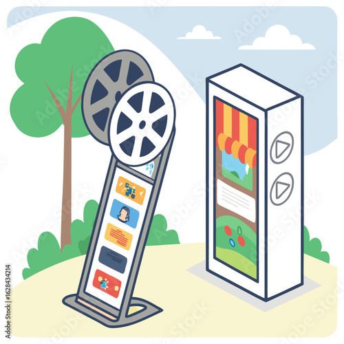 Isometric illustration of two information kiosks with interactive screens and film reel elements on a field