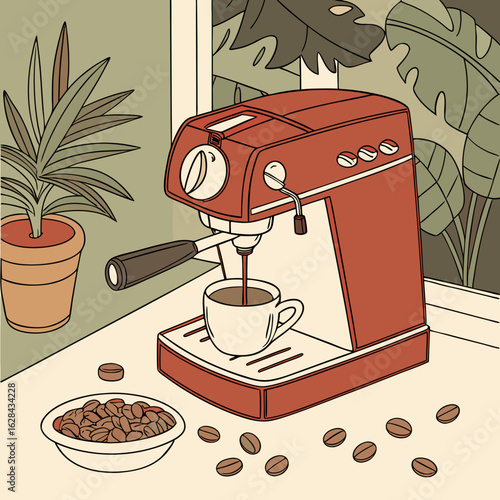 Red Espresso Machine Brewing Coffee at Home – Kitchen Interior Art