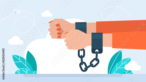 Woman hands in haines. Arrest of a businesswoman. A pair of hands in handcuffs isolated on white background. Female hands in shackles. Slavery concept. Person in bondage. Vector illustration