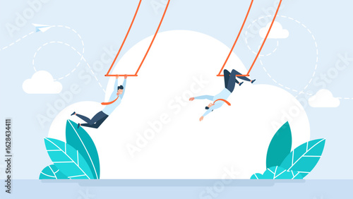 Trapeze perform jumping. Support to success in work, collaborate or cooperate teamwork. Honesty to believe in work together, integrity, trust for partnership, support and reliable. Vector illustration
