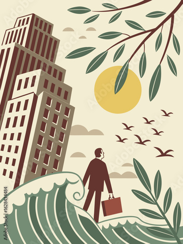 Surreal Businessman on Ocean Wave Holding Briefcase with Cityscape Background in Vintage Graphic Design Illustration for Metaphor and Challenge Concepts