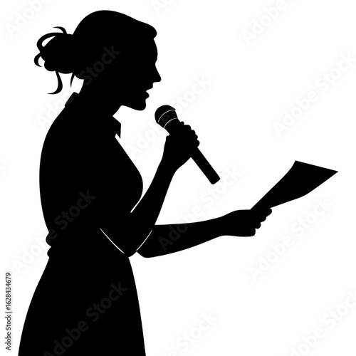 Silhouette of Woman Speaking into Microphone While Holding Notes – Public Speech or Presentation Concept

