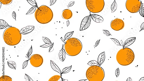 Seamless pattern of oranges and leaves on a white background