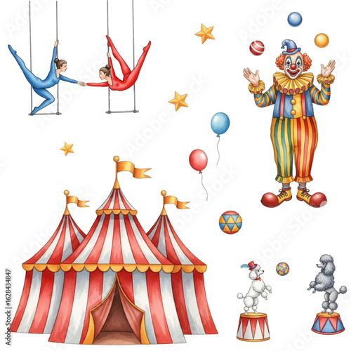 Circus vector collection of striped big top tent with flags, juggling clown, trapeze artists performing high in the air, poodles balancing on decorated platforms.