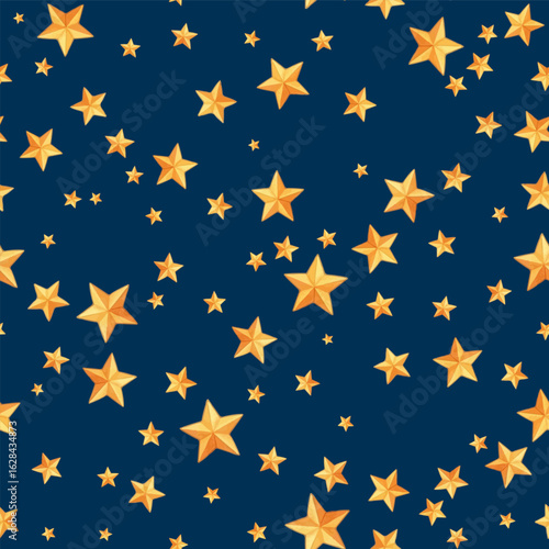 Magical pattern of golden stars scattered across a deep blue background.