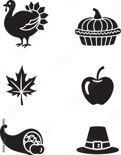 Celebrate Thanksgiving with festive turkey, pie, and harvest icons