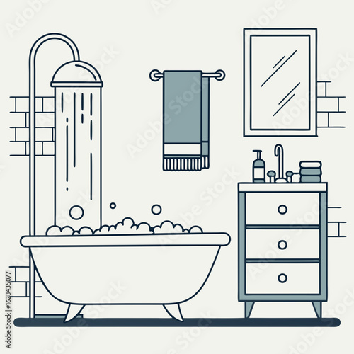 Minimalist Bathroom Line Art with Bathtub, Shower, Sink, Mirror and Towel – Home Hygiene Concept


