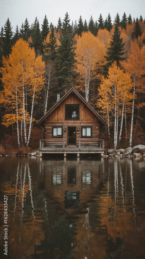Fototapeta premium Charming Wooden Cabin Surrounded by Vibrant Autumn Trees
