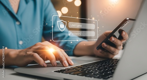 A person logging into a secure account with a password on a laptop and mobile phone