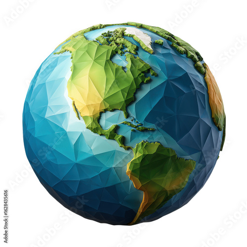 Low poly geometric earth globe showing north and south america isolated on transparent background
