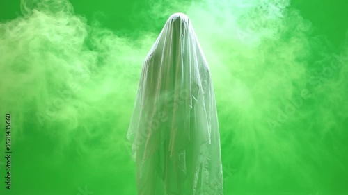 Ghost with white fabric and smoke overlay on green screen