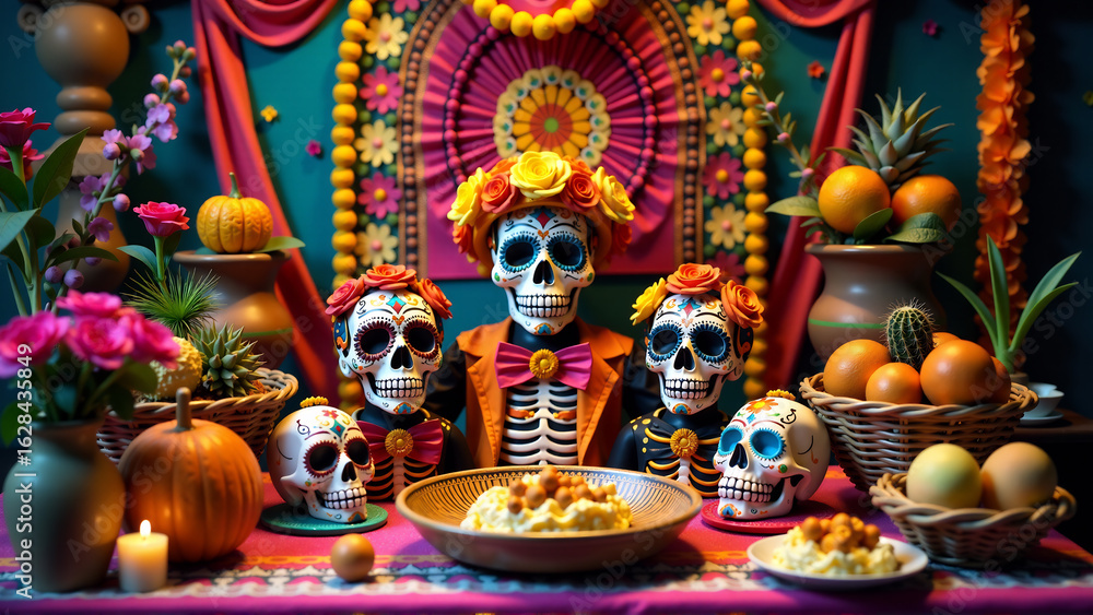 Fototapeta premium An image of a traditional Day of the Dead (Dia de los Muertos) altar or ofrenda, showcasing the colorful decorations and offerings.