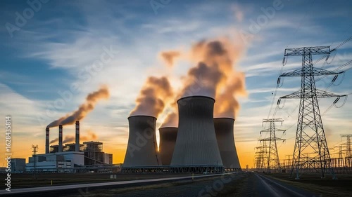 Power plant at sunset with smoke stacks and electricity pylons