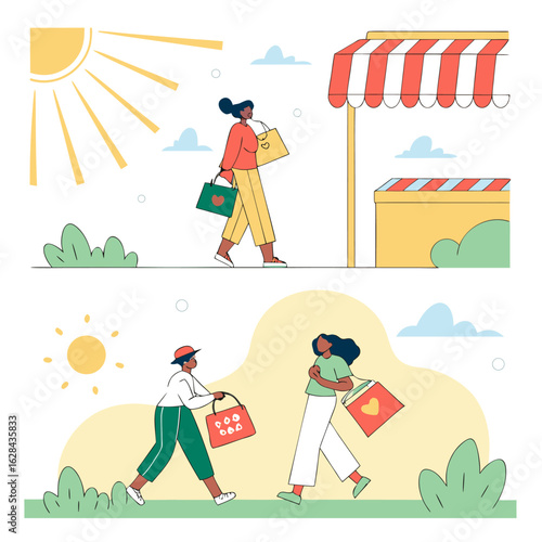 Illustration showing two scenes of women shopping with bags under the sun and near a shopfront design