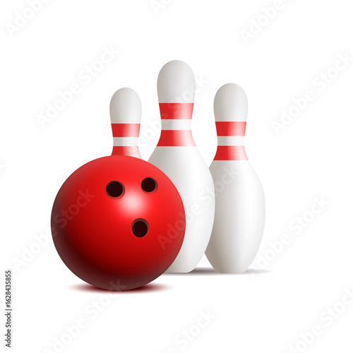 Bowling 3d clipart. Pins and ball. Vector 3d illustration isolated on white background.