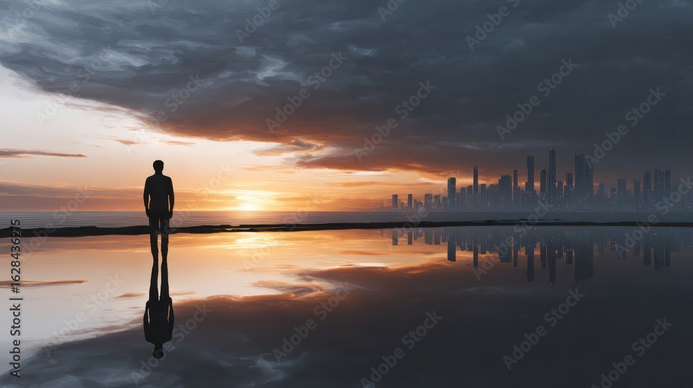 Fototapeta premium A solitary figure stands by the water, reflecting on a city skyline under a dramatic sunset, creating a serene and contemplative atmosphere.