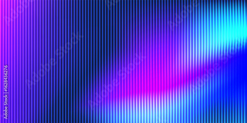 Fractal ribbed glass with glowing purple and blue gradients. Abstract vertical pattern with holographic shimmer. Ideal for Y2K tech designs, futuristic posters or prismatic backdrops.
