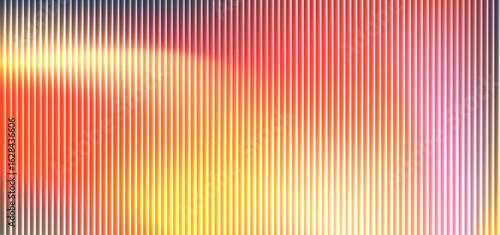 Glossy ribbed glass with vibrant red, orange and yellow sunset tones. Ripple distortion and pink glitch waves create a warm Y2K aesthetic. Great for bold futuristic design or retro layouts.