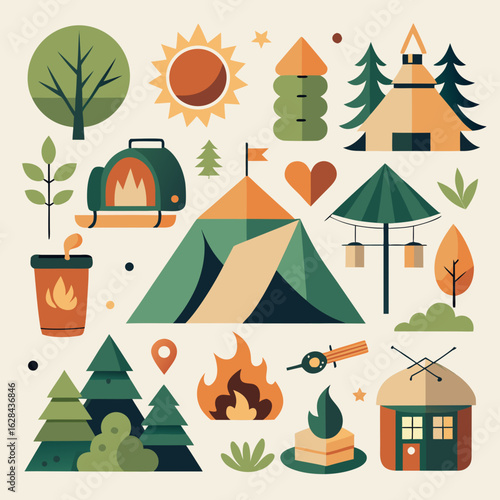 Eco-Tourism Camping Icon Collection – Forest Adventure & Sustainable Travel
