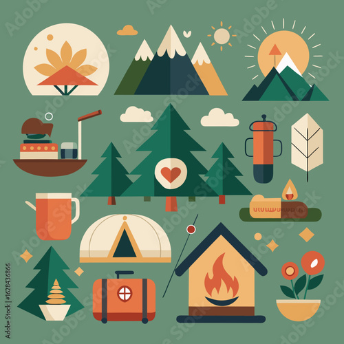 Eco-Tourism Camping Icon Collection – Forest Adventure & Sustainable Travel
