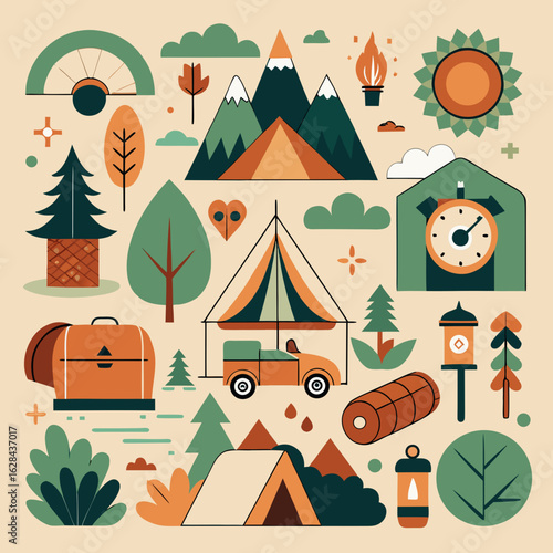Eco-Tourism Camping Icon Collection – Forest Adventure & Sustainable Travel
