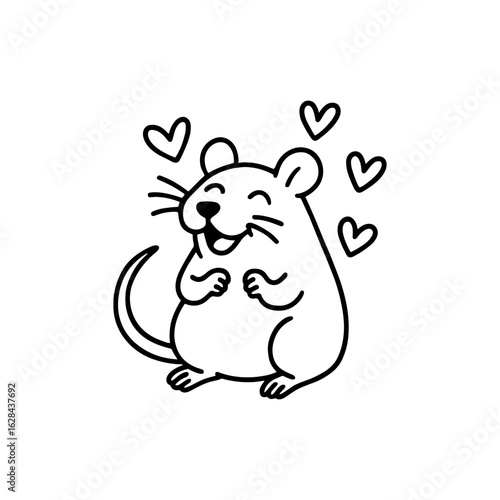 Vector illustration of a joyful mouse surrounded by floating hearts. The happy mouse displays a cheerful expression, embodying happiness and warmth in this charming design.
