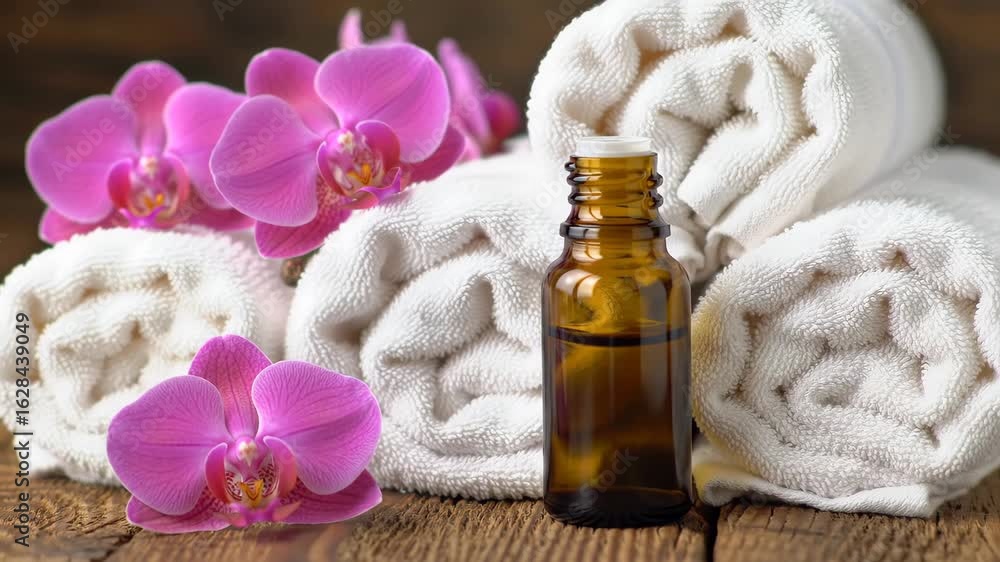 Experience tranquility with essential oils, soft towels, and vibrant orchids for a spa day at home relaxation and wellness Experience tranquility with essential oils, soft towels, and vibrant orchids for a spa day at home relaxation and wellness