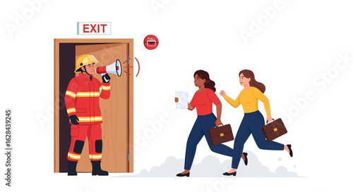Emergency Evacuation Illustration Firefighter Directing People to Safety