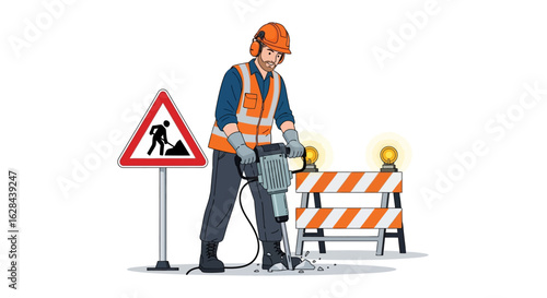 Construction worker with a jackhammer on a road work site. Industrial builder demolishing pavement illustration.